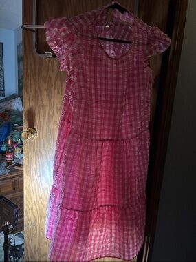 SHEIN Pink Gingham Tiered Casual Dress with Puff Sleeves